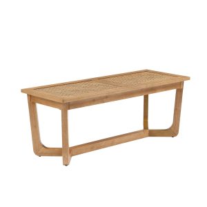 Beautiful Rattan & Wood Bench with Solid Wood Frame by Drew Barrymore. Warm Honey Finish