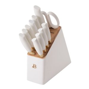 12 Piece Knife Block Set with Soft-Grip Ergonomic Handles. White and Gold
