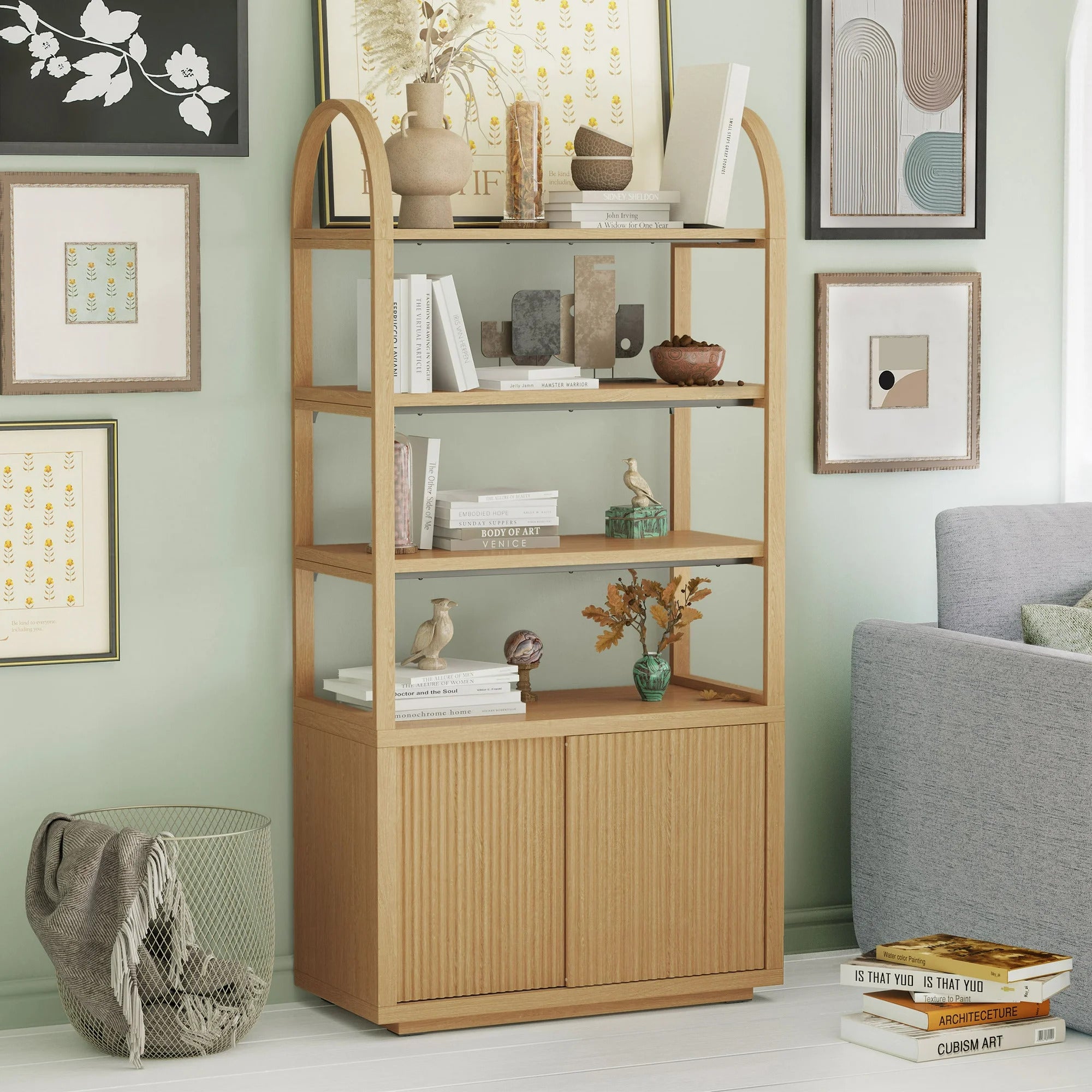 Fluted 3-Shelf Bookcase with Storage Cabinet by Drew Barrymore. Warm Honey Finish - Image 2